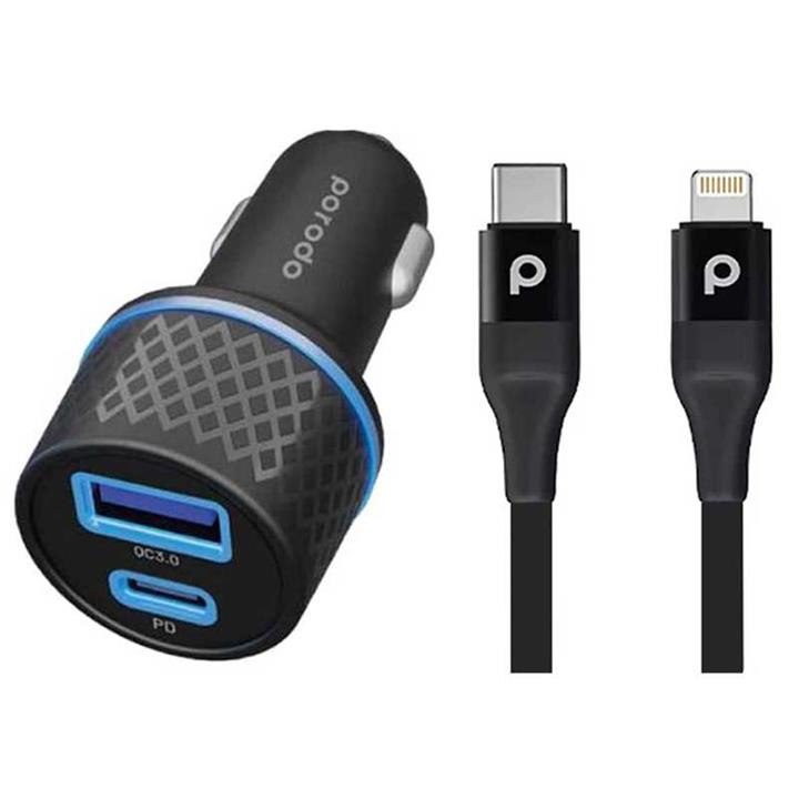 شارژر فندکی 45 وات پرودو مدل car charger به همراه کابل تبدیل usb-c به لایتنینگ